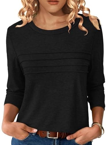 NORACORA 3/4 Sleeve Tops for Women T Shirts Dressy Casual Spring Fall Outfits Pleated Front Shirts Round Neck Casual Tunic Basic Tee Tops Black M - Image 1
