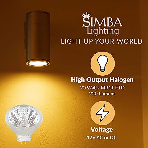 Simba Lighting MR11 Halogen 20W 12V FTD Spotlight Light Bulbs (10 Pack) 2-Pin 220lm for Landscape, Accent, Track Lights, and Fiber Optics, GU4 Bi-Pin Base, Glass Cover, Warm White 2700K Dimmable - Thumbnail 4