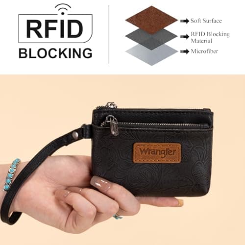 Montana West Wrangler Coin Purse for Women RFID-blocking Floral Embossed Change Pouch Wristlet Wallet Lightweight Portable Wallets Black - Thumbnail 3