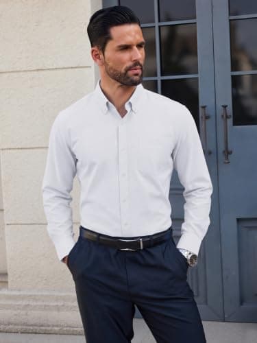 GIANZEN Mens White Dress Shirt Long Sleeve Button Oxford Up Shirts for Men Men’S Down Big and Tall Business Casual White Size XL - Thumbnail 3