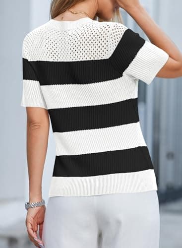 Dokotoo Womens Crewneck Tops Summer Casual Color Block Short Sleeve Blouses for Women 2026 Fashion Striped Knit Tops for Women Trendy T-Shirts Top White Medium - Thumbnail 5