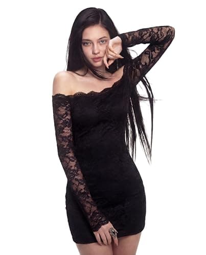 Kaelith Women's Lace Long Sleeve Mini Dress Y2K Sexy Off The Shoulder Bodycon Night Out Birthday Party Dresses Black - Image 1