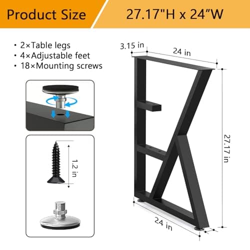 SNYXXOZ Table Legs 28”H x 24”W Heavy Duty Metal Furniture Legs K Shape for Dining Table Kitchen Table Office Desk Table Base Replacement with Adjustable Feet Pads Screws 1000 LBS Load Black Set of 2 - Thumbnail 2