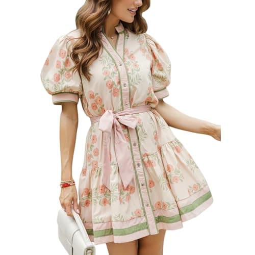 Mazilk Womens Summer Floral Mini Dress V Neck Short Puff Sleeve Button Down Boho Dresses with Tie Waist(Pink,L)