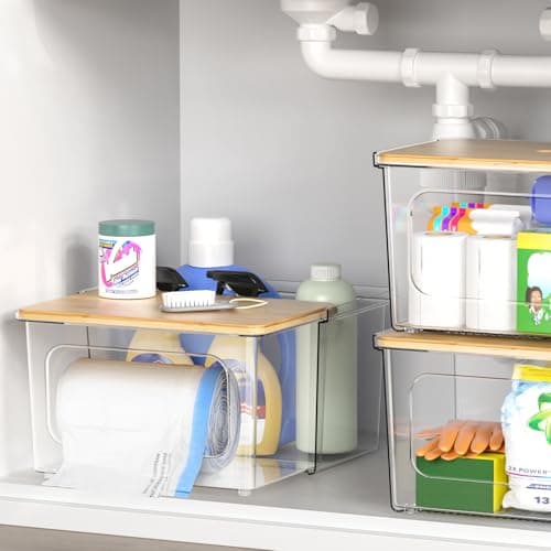 iCASA Trash Bag Dispenser Holder - 2 in 1 Acrylic Under Sink Organizer Garbage Bags Container with Bamboo Lid, Holds up to 100 Count 13/30/33 Gallon Bag Roll for Kitchen, Pantry, Laundry Room Storage - Thumbnail 5
