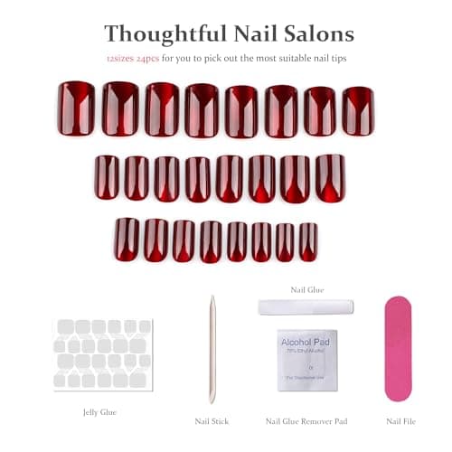 Burgundy Press On Nails Square - Cat Eye Fake Gel Nails, Glossy Sparkle Long-Lasting Chip-Free for Date Night or Fall Nails, 24 Pcs in 12 Sizes with Glue, Adhesive Tabs, File, Prep Pad, Manicure Stick - Thumbnail 5