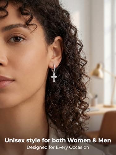 Sterling Silver Cross Hoop Earrings for Women 925 Silver Dangle Drop Earrings Dainty Trendy Sparkly Dangling Earrings Small Dangly Huggie Hoops with Cubic Zirconia Charms Mens Cross Earrings - Thumbnail 3