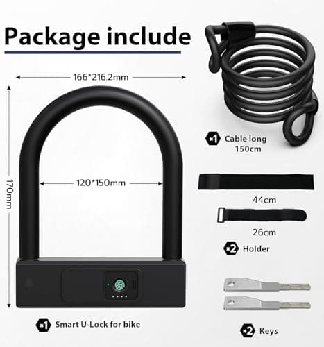 Smart Bike U Lock with Cable eLinksmart Heavy Duty Fingerprint Bicycle U-Lock,18.4mm Shackle 1.5m Cable with Strap Holder Bracket for Road, Mountain, Electric Bike, App Unlock,Angle Grinder Resistant - Thumbnail 2
