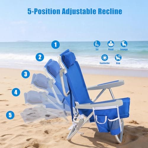 SUNNYFEEL Low Beach Chair, 5-Position Lay Flat Reclining, Backpack Portable Folding Chair with Cooler Bag & Cup Holder, Heavy Duty 350 LBS, Compact for Beach, Camping, Travel (New Blue) - Thumbnail 4