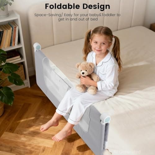 FUNEEK Bed Rail for Toddler, One-Button Swing Down Crib Rail, Bed Guard Rail for Bunk, Daybed, King, Twin, Full, Queen Size Beds, No Tool Easy Assembly (59''L) - Thumbnail 4
