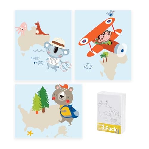 Pre Drawn Canvas for Painting 5x7 Inch 3 Pack Acrylic Painting Kit with 24 Paint Pots & 3 Brushes, Pre-Stretched Canvas for DIY Art, Home Decor (Animal Travel Designs)