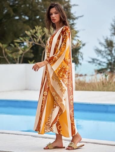 ZAFUL Kaftan Dresses for Women Moo Moos Plus Size O Ring V Neck Batwing Sleeves Beach Cover Ups Hawaii Summer Vacation Outfits Caftan Maxi Dress Loungewear Yellow Floral - Thumbnail 3