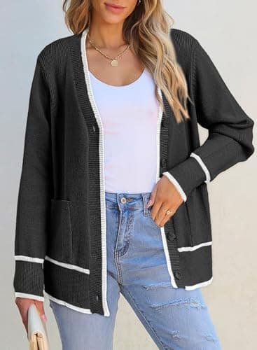 Dokotoo Short Cardigans for Women Open Front Button Down Lightweight Fashion Color Blocked Spring Knit Sweaters for Summer with Pockets,Black Small - Thumbnail 6