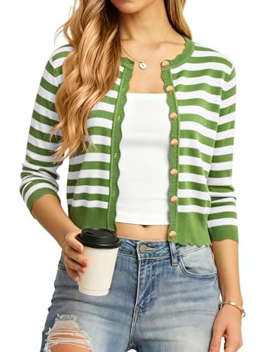 Biodeer Spring Summer 2026 Women's Scalloped Knit Cardigan Sweaters 3/4 Sleeve Crop Crewneck Button Down Shrug - Image 1
