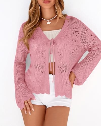 BTFBM Summer Cardigans for Women Lightweight 2026 Spring Crochet Hollow Out Long Sleeve Tie Front Beach Vacation Coverups(Pink, X-Large) - Thumbnail 6