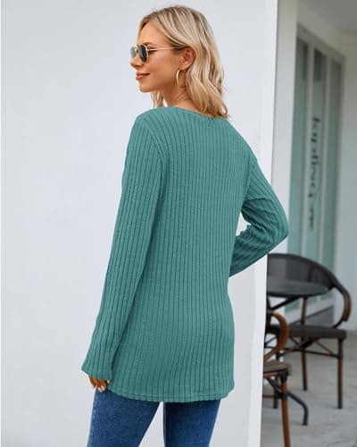 WNEEDU Long Sleeve Shirts for Womens Crewneck Pullover Sweater - Casual Lightweight Tunic Tops 2026 Fall Winter Clothes(Blue Green,2XL) - Thumbnail 4