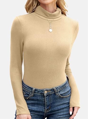 GKBK Womens Turtleneck Long Sleeve Tops Ribbed Basic Tshirts Thermal Underwear Warm Lightweight Fall Sweaters 2025 Fashion Outfits Winter Clothes Khaki - Thumbnail 2