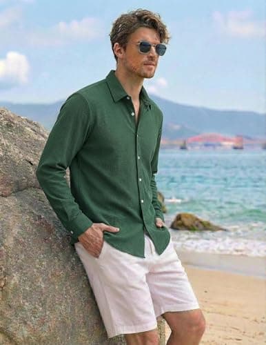 ZAFUL Vacation Men Shirt Mens Business Casual Shirts Slim Fit Business Casual Outfits Dark Green S - Thumbnail 5