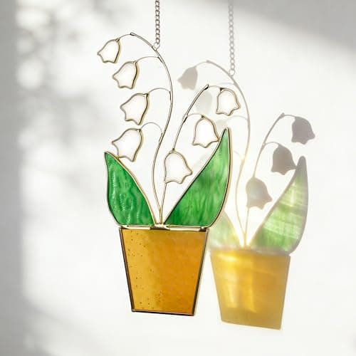 Lily of The Valley Suncatcher - May Birth Flower Gold Edged Stained Glass, 8 Inch Real Glass Window Hanging, Thoughtful Memorial, Grandma & Plant Lover Gift for Mother‘s Day, Wedding, Housewarming - Image 1