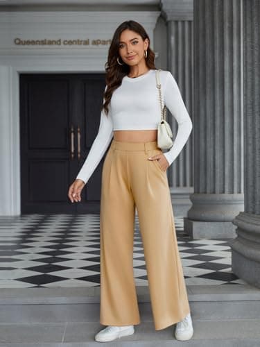 Amzdora Women’s Casual Wide Leg Pants High Waisted Stretch Pull On Palazzo Trousers Loose Flowy Lounge Pants with Pockets Khaki - Thumbnail 6