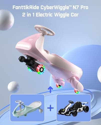 FanttikRide N7 Pro Electric Wiggle Car, Rechargeable Battery, CyberWiggle, 2 in 1 Swing Car, 2 Speeds Max 4 Mph, Anti-Rollover, Flashing Wheels, Bluetooth, Ages 3+, 150 Lbs,Pinkish White - Thumbnail 2