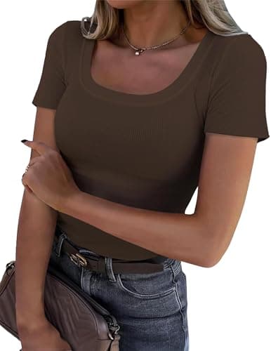 Women Short Sleeve Tops Ribbed Knit Slim Fit U Neck Top Basic Tee Shirts for Summer Casual Trendy Blouse Brown - Image 1