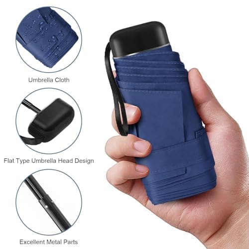 LEAGERA Compact Travel Umbrella with Case - Mini Umbrella for Purse, Small Lightweight &Tiny Design Perfect for Parasol Outdoor Sun&Rain Umbrellas,Dark Blue - Thumbnail 4