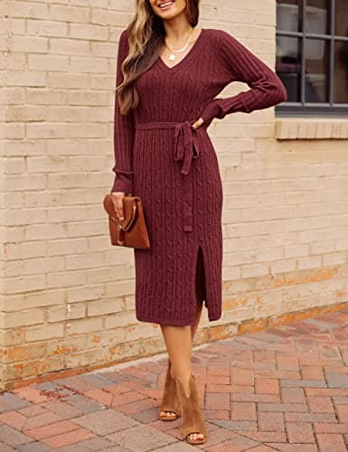 MEROKEETY Women's 2025 Fall Long Sleeve Bodycon Sweater Dress Winter V Neck Cable Knit Slit Midi Dresses, Burgundy, XL - Thumbnail 5