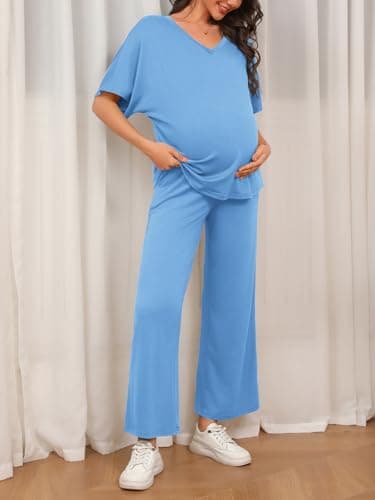 Tankaneo Womens Maternity Pajamas 2 Piece Lounge Set Soft Short Sleeve V Neck T-shirt Cropped Pants Pregnancy Loungewear, Sky Blue, Medium - Thumbnail 2