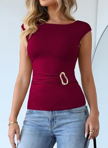 Pink Queen Going Out Tops for Women Sleeveless Ruched Slim Fitted Stylish T-Shirts with Buckle Decor Red Dahlia L - Thumbnail 2