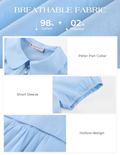 Belle Poque Short Puff Sleeve Blouses for Women Peter Pan Collar Dressy Work Shirts Summer Cotton Tops Blue XXL - Thumbnail 6