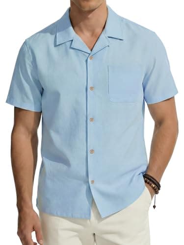 PJ PAUL JONES Mens Casual Button Down Shirts Short Sleeve Cuban Guayabera Shirts Cotton Linen Vacation Collar Untucked Dress Shirt Blue - Image 1