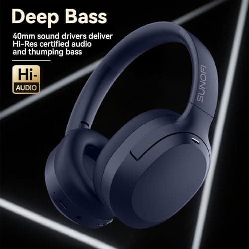SunoFi Hybrid Active Noise Cancelling Headphones, Wireless Over Ear Bluetooth Headphones with Mic, 40H Playtime, Hi-Res Audio, Deep Bass, Foldable Comfort Fit Ear Cups for Travel, Office, Home (Blue) - Thumbnail 3
