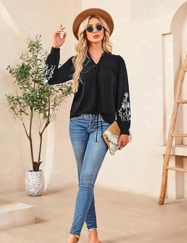 LOOKBOHO Womens Dressy Casual Boho Tops Embroidered V Neck Trendy Puff Long Sleeve Peplum Blouses Black XL - Thumbnail 5