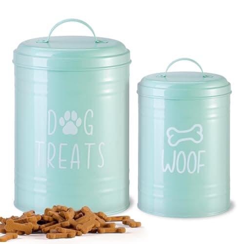 Dog Treat Container Airtight, Dog Treat Jar Set of 2 with Lid - 9x5.5''&7x4'' Metal Dog Cookie Jar for Farmhouse Kitchen Counter, Green Pet Treat Container, Dog Treat Storage Container for Dogs, Cats - Image 1