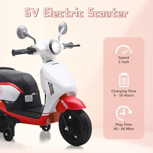 HEIMILI 6V Toddler Motorcycle, Kids Electric Moped for 1-3 Years, 2 Wheel Ride On Scooter with Training Wheels, Music & Headlight, 2 MPH Speed for Boys Girls (Red) - Thumbnail 2