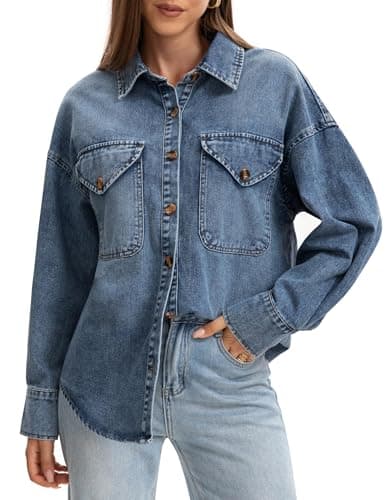 POTILI Women's Oversized Denim Shirt Long Sleeve Boyfriend Jean Jacket Button Down Blouse Top Blue - Image 1