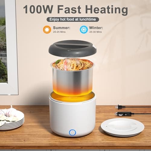 Vingud Electric Lunch Box for Adults, 1.2L/41oz, 100W Fast Heated Lunch Box, 12V/24V/110V Portable Food Heater for Car/Office Work with 304 Stainless Steel Container, White Gray - Thumbnail 5