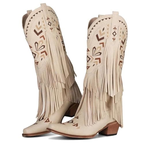 SaraIris Women's Beige Cowgirl Boots Knee High Fringe Tassel Western Pointed Toe Cowboy Boots - Image 1