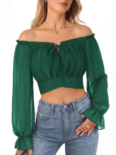 Women Off the Shoulder Crop Tops Long Sleeve Shirt Blouse Verdant Green M - Image 1