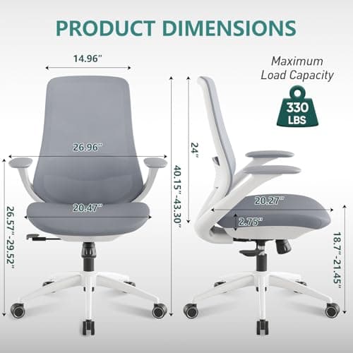 Ergonomic Mesh Office Chair, 330LBS Executive Desk Chair with Lumbar Support, 2D Armrests, Comfy Swivel Computer Task Chairs for Long Hours (Grey) - Thumbnail 2