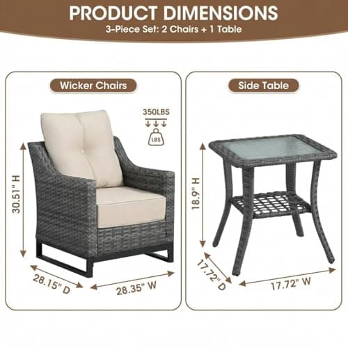 Domvaranique 3 Piece Patio Furniture Set, Grey Wicker Outdoor Conversation Set with 2 Wicker Chairs and Side Table, 6-Inch Thick Cushions, High Back Seating, Beige Olefin Covers for Porch, Deck - Thumbnail 2