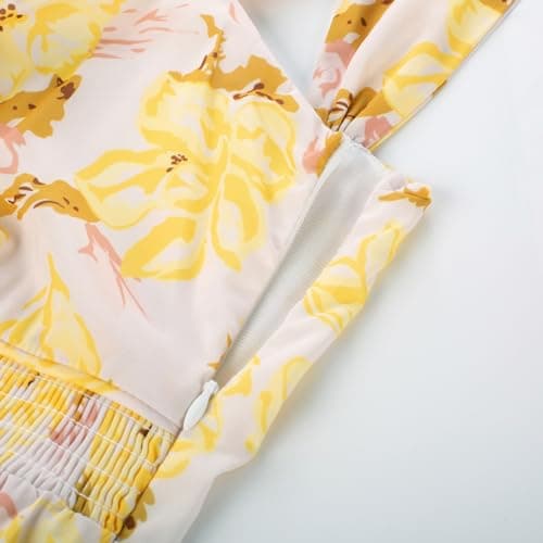 GRACE KARIN Summer Floral Dress for Women 2026,Off the Shoulder Smocked Bridesmaid Dresses,Formal Baby Shower Maxi Dresses Apricot Yellow XL - Thumbnail 4
