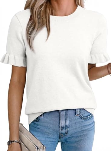 EVALESS Womens Summer Tops 2026 Fashion Crewneck Cute Puff Short Sleeve Shirts Dressy Casual Blouses Elegant Wool Blend Business Causal Clothes White XX-Large - Image 1