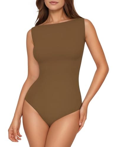 TRENLIVER Womens Boat Neck Thong Bodysuit Sleeveless Tank Top Body Suits Going Out Summer Tops Fashion Outfits 2026 Light Coffee XL - Image 1