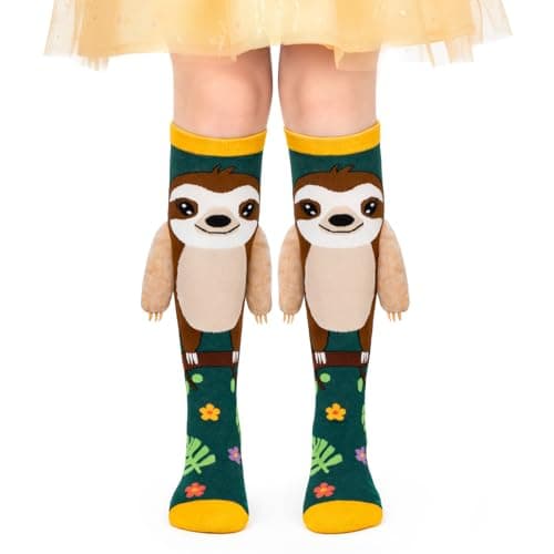 FunisFun Crazy Socks for Kids Girls Knee High Sloth Animal Socks Ideal Sloth Gifts for Girls Teens Women Birthday (US, Alpha, One Size, Regular, Green&Yellow) - Image 1