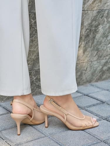 Coutgo Womens Slingback High Heels Open Peep Toe Mesh Sandals Buckle Wedding Party Dress Shoes, Khaki, Size 6 - Thumbnail 3