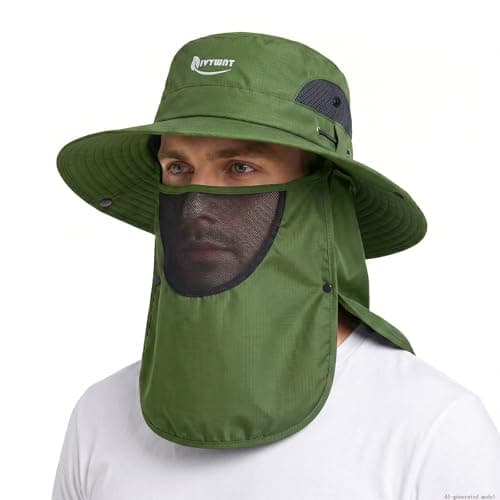 IVYWNT Wide Brim Fishing Hat, UV Protection Bucket Sun Hats with Removable Face Cover & Neck Flap, Waterproof Packable Hiking Hat for Men Women, Army Green - Image 1