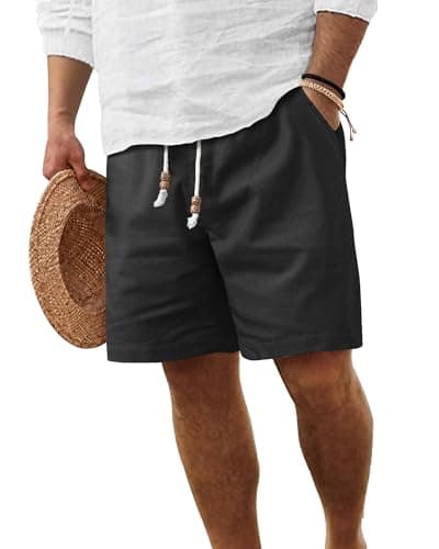 ZKMAN Mens Linen Shorts Casual Classic Drawstring Elastic Waist Pocket Summer Beach Shorts(Black 3XL) - Image 1