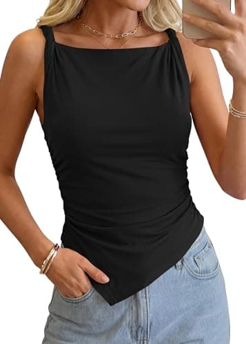 KIRUNDO Asymmetrical Tops for Women Summer Sleeveless Twist Straps Slim Fit Y2K Ruched Tank Shirts Going Out Top Resort Wear(Black, Large) - Image 1